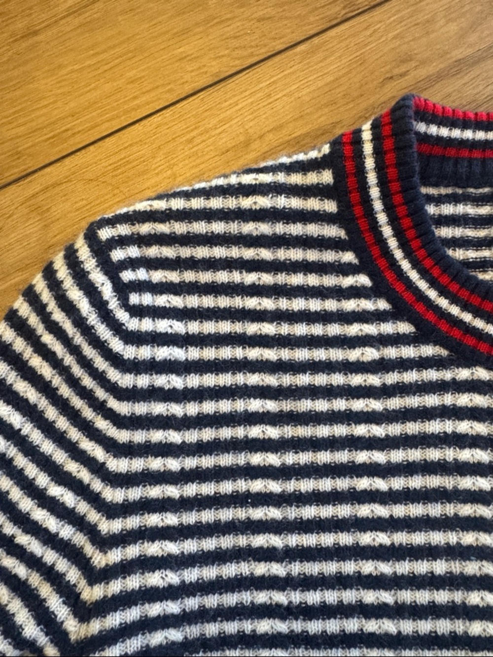 Allude cashmere/wool Striped Navy & White Crewneck Sweater with Red Trim - Picture 3 of 5